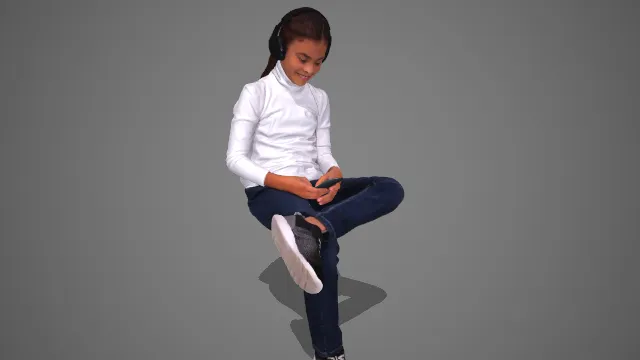 白高领衫配耳机少年坐看手机休闲姿态 3D 模型