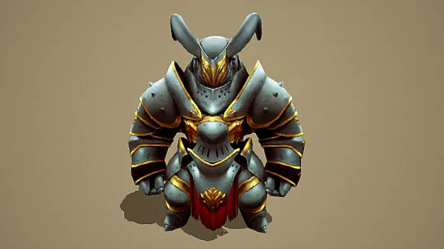奇幻风格重型骑士3D模型，魔幻设计（重型骑士、铠甲、金色装饰、牛角头盔、奇幻元素 ）