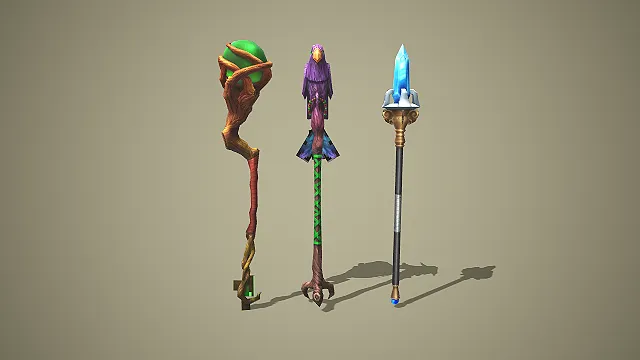 三款奇幻风格法师法杖 3D 模型 游戏武器道具资产