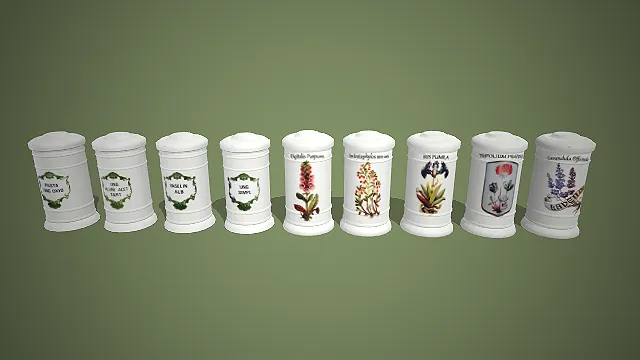 白瓷药罐  药房陈列  彩色植物插画  传统药房器具