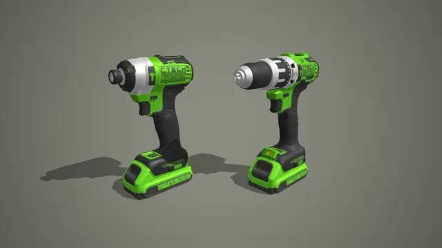 绿黑锂电冲击起子与电钻两件套 3D 模型