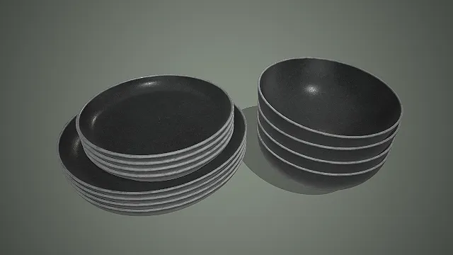 一个极简侘寂风的3D黑瓷餐具套装模型