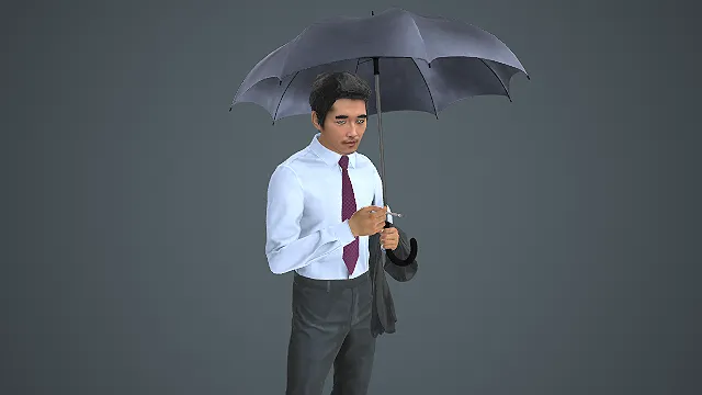 持透明伞拎西装叼香烟的衬衫领带男性写实模型