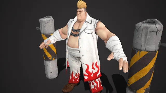 街头格斗  力量型角色  金发造型  街斗暴徒  白色风衣  锁链配饰  红焰纹装饰  水泥柱  街头破坏者