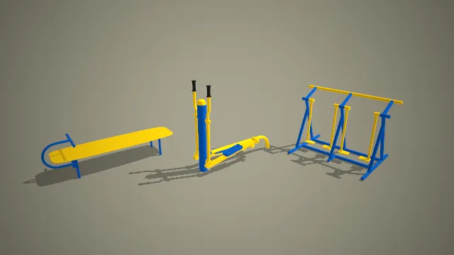 蓝黄配色仰卧起坐板、单人椭圆机与三人漫步机组合 3D 模型