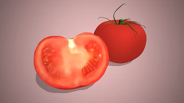 写实风格的3D番茄模型，包含带蒂的完整果实与半切剖面