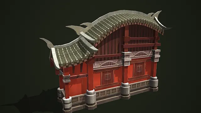 红墙绿瓦的中式古风建筑低模