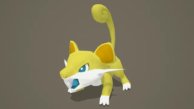 卡通风格3D鼠类精灵模型，创意设计（卡通鼠类精灵、3D模型、鼠类造型、大耳朵、长尾巴、蓝眼睛、白色胡须与嘴部）