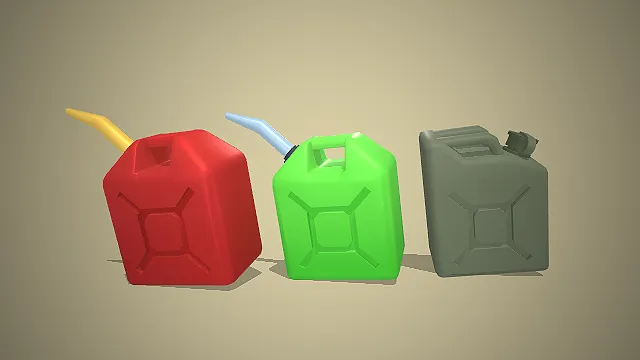 低模风格的三款不同颜色的3D塑料汽油桶模型