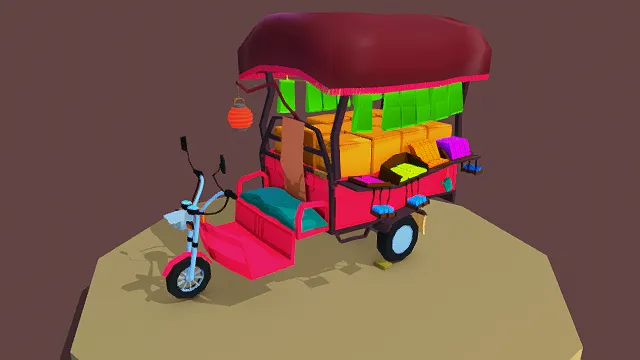 卡通风格3D三轮车模型，创意设计（卡通三轮车、3D模型、多彩主体、独特装饰、灰色背景、独特造型 ）
