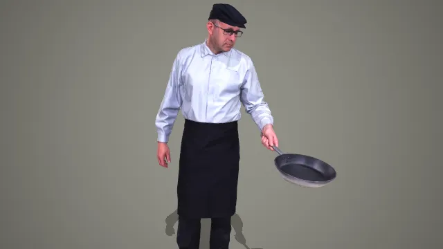 厨师装扮男士持煎锅烹饪姿态 3D 模型