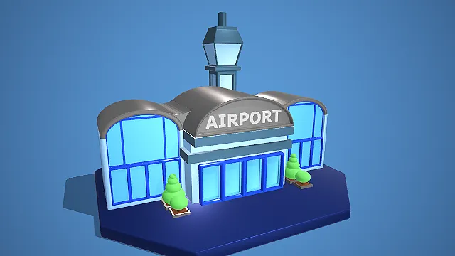 卡通风格带塔台机场航站楼 3D 低多边形城市场景装饰模型