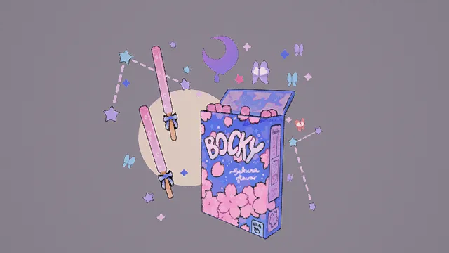 3D卡通风格樱花味零食组合模型，创意设计（3D零食、卡通风格、可爱风，物品设计主题素）