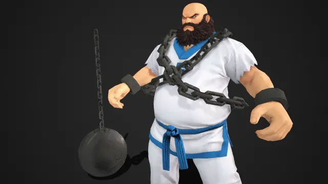 白武服蓝纹：锁链缚身的光头壮汉  力量型  武道风格  游戏角色模型  破损服饰  传统元素