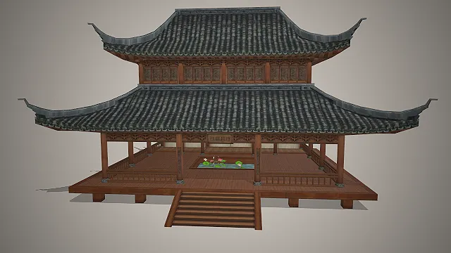 中式重檐歇山  水榭棋社  国风园林  棋社道具