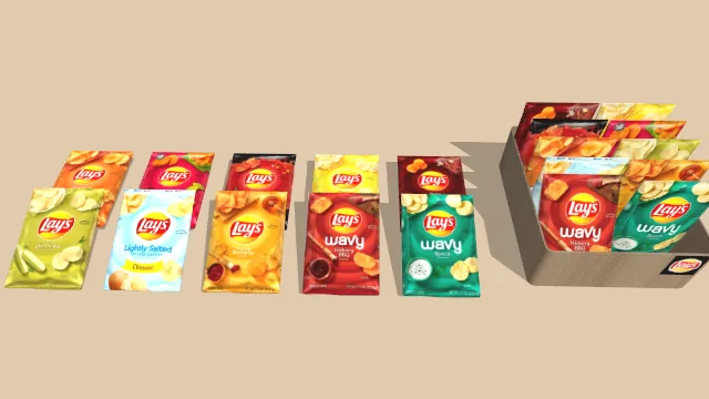 低多边形制作薯片包装零食木盒子装