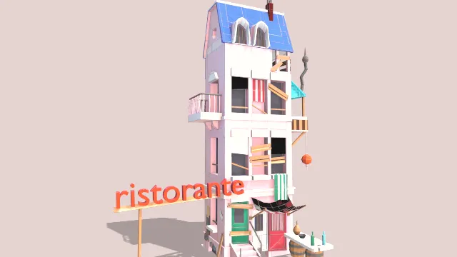 低多边形餐厅建筑楼层房屋模型