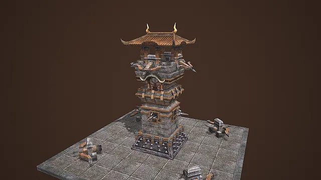 古风战塔配弩机装饰的中式防御建筑 3D 场景模型