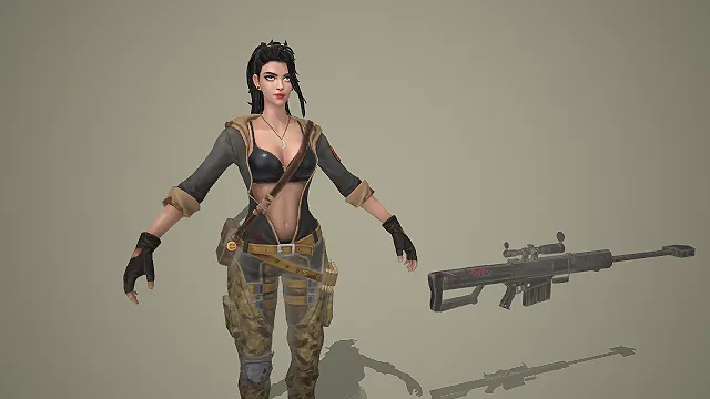 卡通废土风女狙击手角色 3D 模型 配做旧狙击步枪套装
