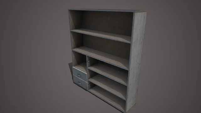 做旧风格  分层置物架  灰木质材质  开放式隔板  双抽屉  金属拉手  办公或居家场景