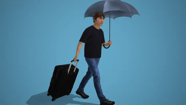 持透明伞拖行李箱的黑衣青年行走写实人物模型