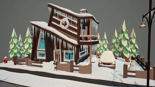 卡通风格冬季小屋场景3D模型，温馨设计（冬季小屋、雪景装饰、圣诞树、雪人、冰冻元素 ）