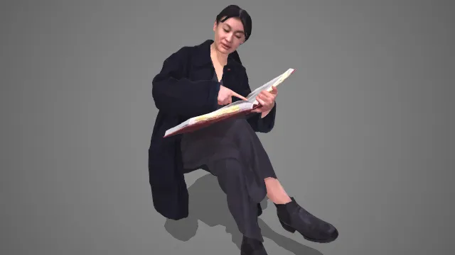 深色穿搭女士坐姿阅读书籍人物 3D 模型