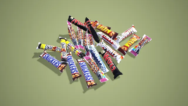 写实风格多品牌巧克力棒组合 3D 休闲零食包装模型