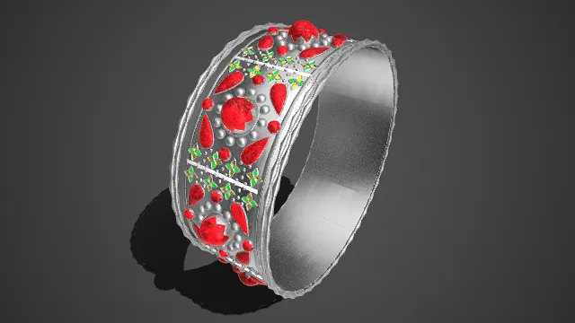 手镯  银质镶宝  红宝石装饰  雕花  华丽珠宝  典雅