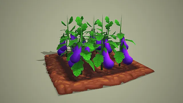 卡通方形菜地茄子成熟株 3D 模型 游戏农场种植道具资产