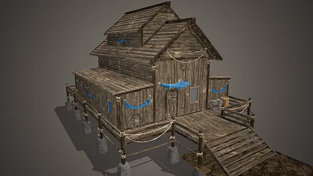 国风渔村风格临水多层功能木屋模型 