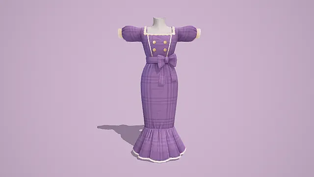 紫色格纹连衣裙3D模型，方领泡泡袖与蝴蝶结设计