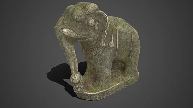 写实风格  石象雕塑  铃铛挂饰  文化寓意  古宗教风格  庄严与沧桑  风化纹理