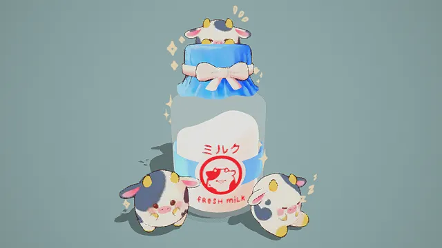 3D卡通风萌系奶牛牛奶场景模型，创意设计（3D萌系场景、卡通风格、三只萌系奶牛、可爱治愈、美食萌系、童话场景）