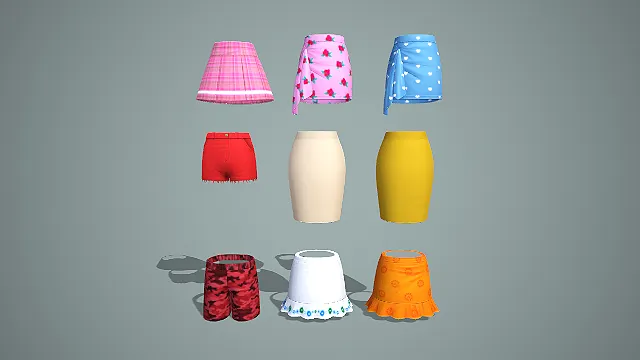 格纹印花裙与纯色包臀裙及迷彩短裤九件套 3D 模型