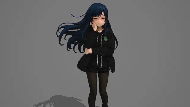 3D卡通风格黑发女子模型，创意设计（3D人物、卡通风格、简约休闲风，角色设计主题）