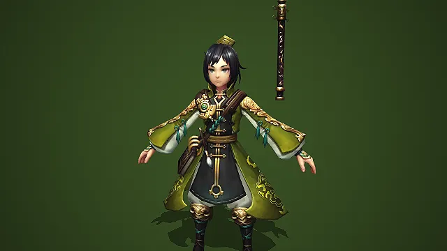 卡通 Q 版绿金国风少年带玉笛武饰 3D 游戏角色模型