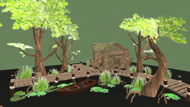 树林木屋房屋建筑木船沼泽场景