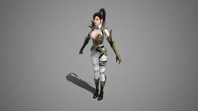 3D 角色  女战士形象  深棕高马尾  尖刺战甲  金属装饰  白黑修身战衣  白金尖刺战甲女战士  