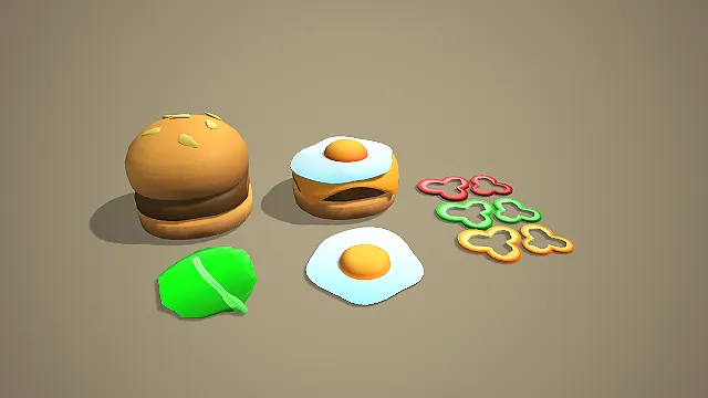Q 版汉堡煎蛋彩椒食材 3D 模型 快餐美食场景搭建素材
