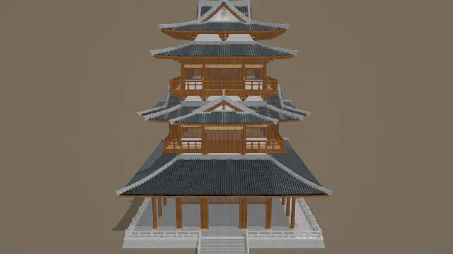 3D写实风格日式多层塔楼模型，创意设计（3D塔楼、写实风格、古朴雅致，日式建筑主题，建筑元素）