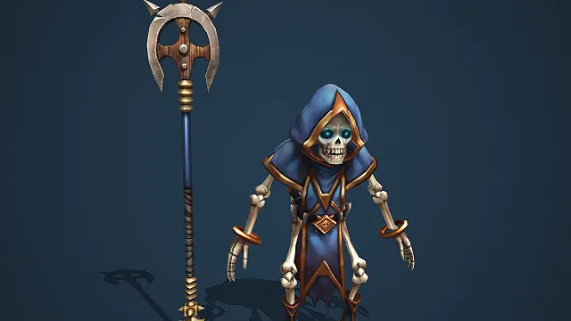 卡通 Q 版蓝袍骷髅法师持月牙法杖亡灵怪物 3D 模型