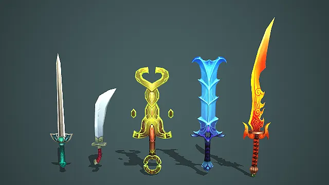 五款奇幻风格短剑弯刀魔法武器道具模型