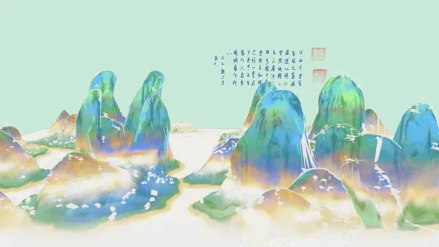 青绿山水画风颜色的山河卷轴3D建模