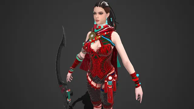 部族风格  女战士  红黑织纹  异域风情  野性  尖刃武器  女猎手  流苏