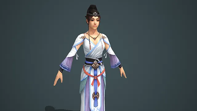 古风蓝白渐变长裙女弟子游戏 NPC 角色模型