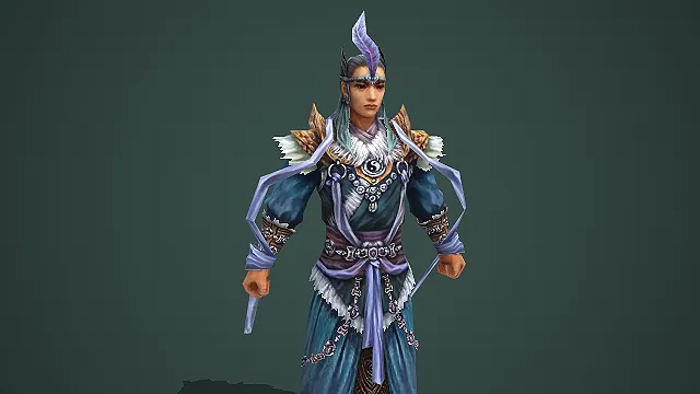 戴羽冠的蓝袍太极纹高阶道家法师游戏 3D 模型
