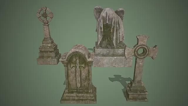 一组墓地石雕的3D模型  复古墓碑  十字架墓碑  恐怖场景道具