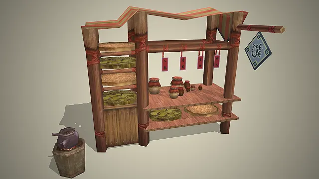 古风药铺  实木货架  市井场景  药罐药材