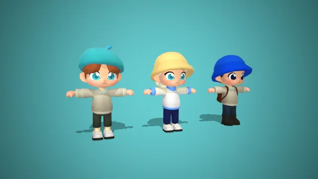 Q 版帽饰休闲卡通角色组：轻潮风萌系少年少女 3D 模型